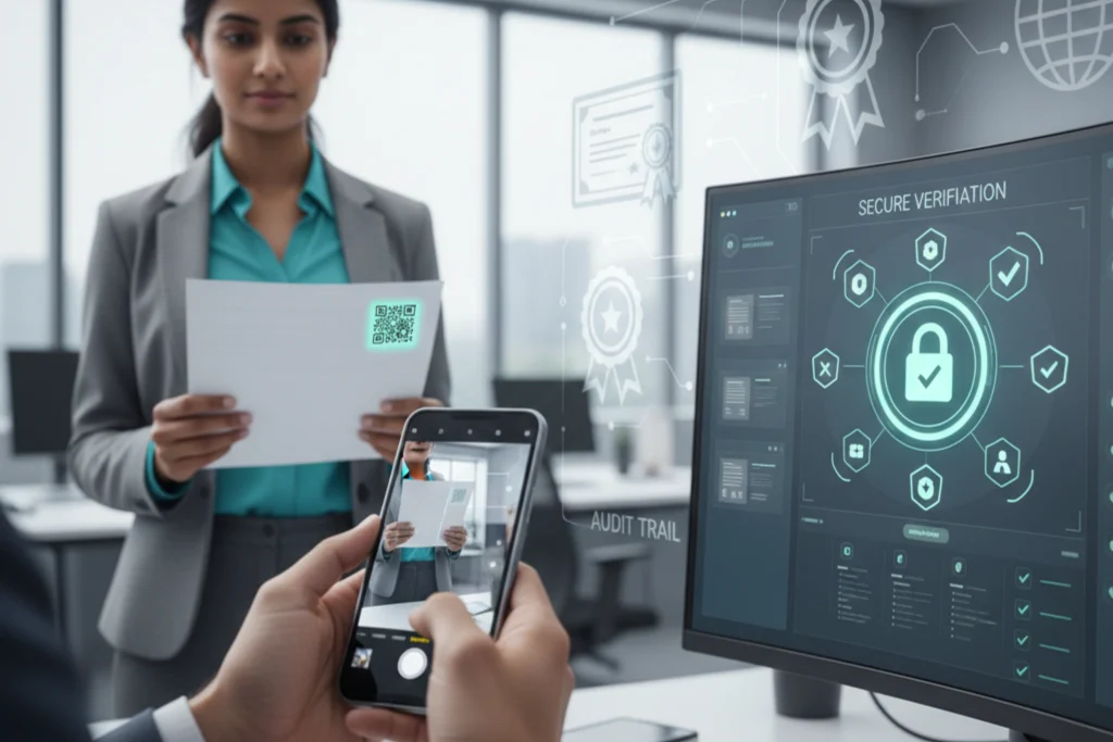 Photorealistic wide hero image of a modern ISO-accredited lab or corporate quality office where a professional in business-casual attire holds a printed report toward the camera with a clearly visible QR code near the corner. The QR code emits a subtle glow as a hand with a smartphone in the foreground scans it, and on a nearby large monitor a secure verification interface is shown with abstract lock icons, shield symbols, checkmarks, timelines, and report thumbnails (all UI elements symbolic, no readable words). In the background, semi-transparent overlays of certificate-style badges, audit trail icons, and a world/globe symbol suggest global transparency and trust in ISO reports. Cool, professional palette (white, soft blue, teal, grey), soft natural + LED lighting, shallow depth of field keeping the QR code, phone, and screen in sharp focus, 16:9 aspect ratio, high resolution, clean high-tech atmosphere emphasizing tamper-proof verification and transparency.