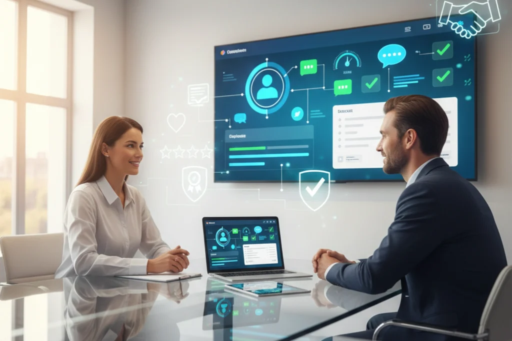 Photorealistic wide hero image of a customer success review meeting in a modern office: a quality/CRM manager and a client sit at a glass table, both looking at a large wall-mounted screen displaying a sleek CRM dashboard aligned with a quality management system. The dashboard shows abstract customer profiles, satisfaction gauges, feedback icons, timeline bars, and green checkmarks linked to shield and certificate icons that symbolize ISO 9001 alignment and reliable processes (all UI elements symbolic, no readable words). On the table, a laptop and tablet mirror similar graphics, and a subtle overlay of handshake, heart/like, and star-rating icons floats near the screen to represent growing customer trust and loyalty. Soft, professional color palette (white, soft blue, teal, grey), warm-natural plus LED lighting, shallow depth of field keeping people and screen sharp, 16:9 aspect ratio, high resolution, calm but confident atmosphere that visually communicates how structured, ISO-aligned CRM processes build long-term customer trust.