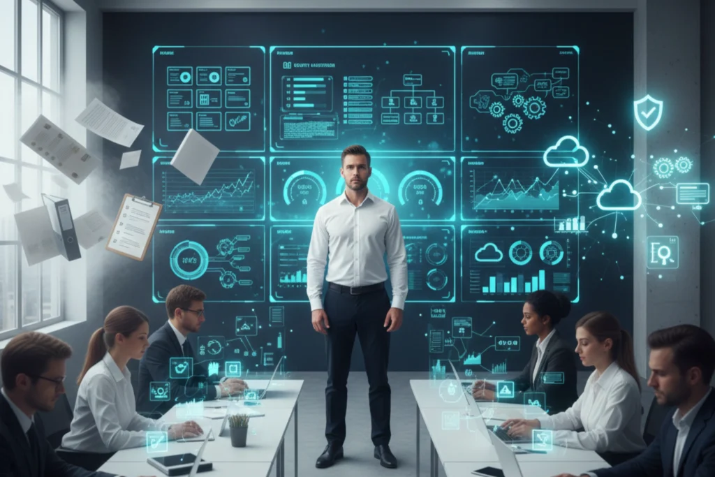 Photorealistic wide hero image of a modern quality control war-room where a quality manager stands in front of a large digital QMS dashboard wall, showing multiple abstract panels for documents, audits, CAPA workflows, and real-time KPIs (all interface elements symbolic, no readable words). On one side of the scene, semi-transparent overlays of paper binders, stamped forms, and clipboards fade away; on the other side, glowing icons for cloud, analytics charts, automation gears, and shield/certificate symbols represent a fully digital ISO quality management system. Team members at sleek desks work on laptops and tablets, surrounded by subtle data-visualization holograms, emphasizing real-time monitoring and continuous improvement. Cool, professional palette (whites, greys, deep blues with teal highlights), soft natural + LED lighting, shallow depth of field keeping the manager and screen in sharp focus, 16:9 aspect ratio, high resolution, dynamic yet controlled atmosphere that visually contrasts old manual QMS with a transformed, digital ISO 9001/14001-ready environment.